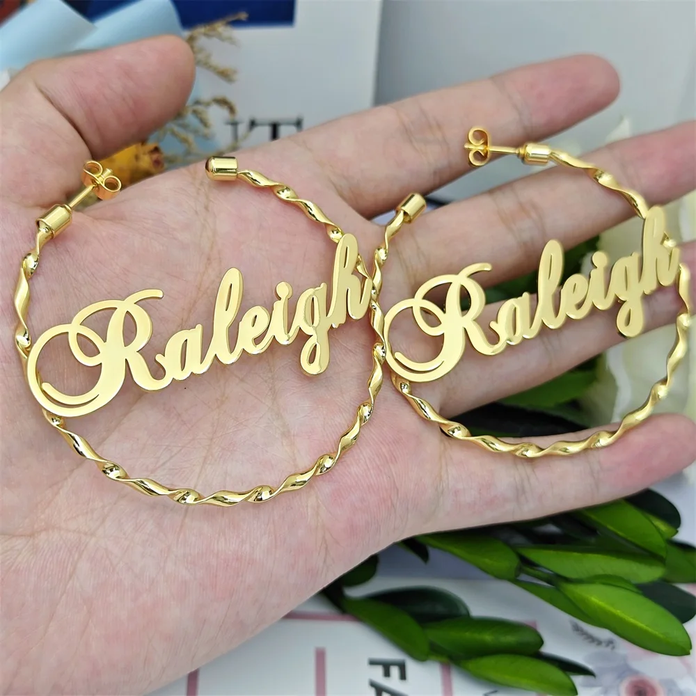 2023 40-90mm Custom Twisted Name Hoop Earring Personalized Stainless Steel Spiral Earring For Women Gifts Jewelry