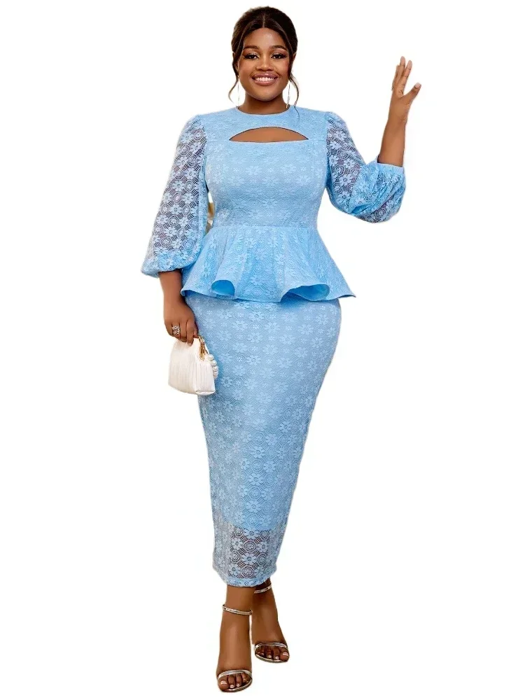 Sky Blue Stylish Lace Dresses for Women O Neck Cut Out Lantern Sleeves Ruffles Bodycon Celebrity Birthday Dinner Occasion Gowns