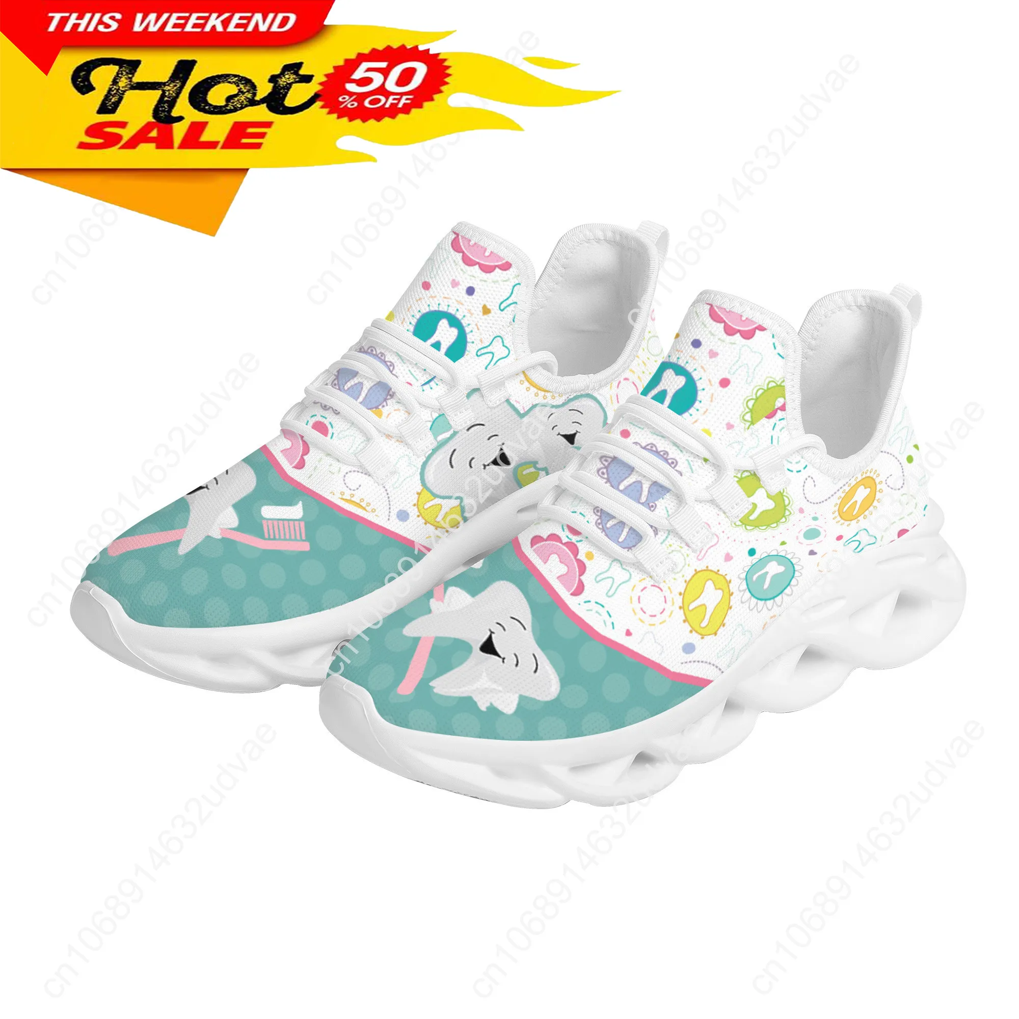 Desenhos animados Dentisit Tooth Pattern Sapatos Casuais para Mulheres, Tênis de Malha Respirável para Feminino, Apartamentos Conforto para Trabalho