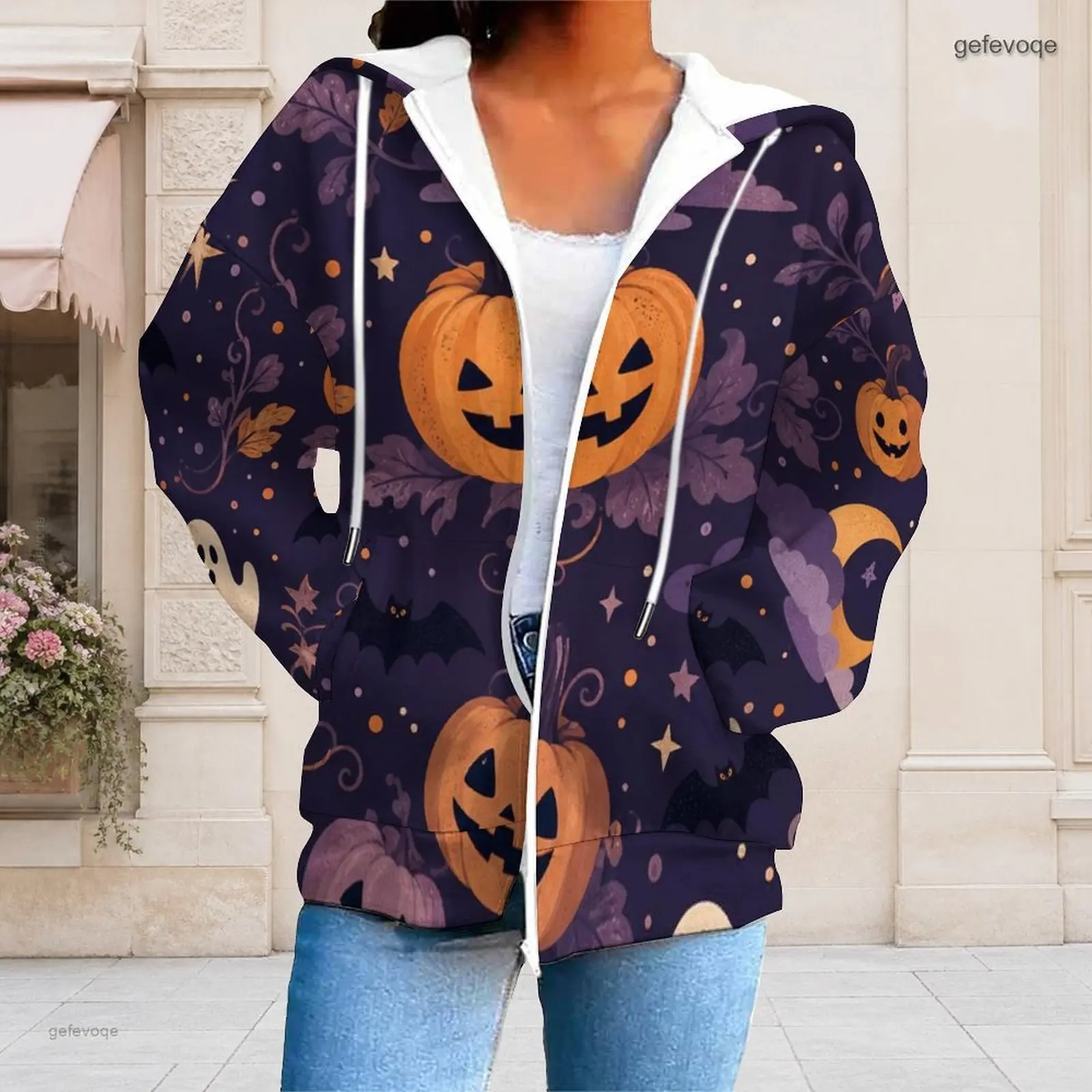 Women Halloween Pumpkin Bat Ghost Print Zip Up Long Sleeve Hoodie with Pockets