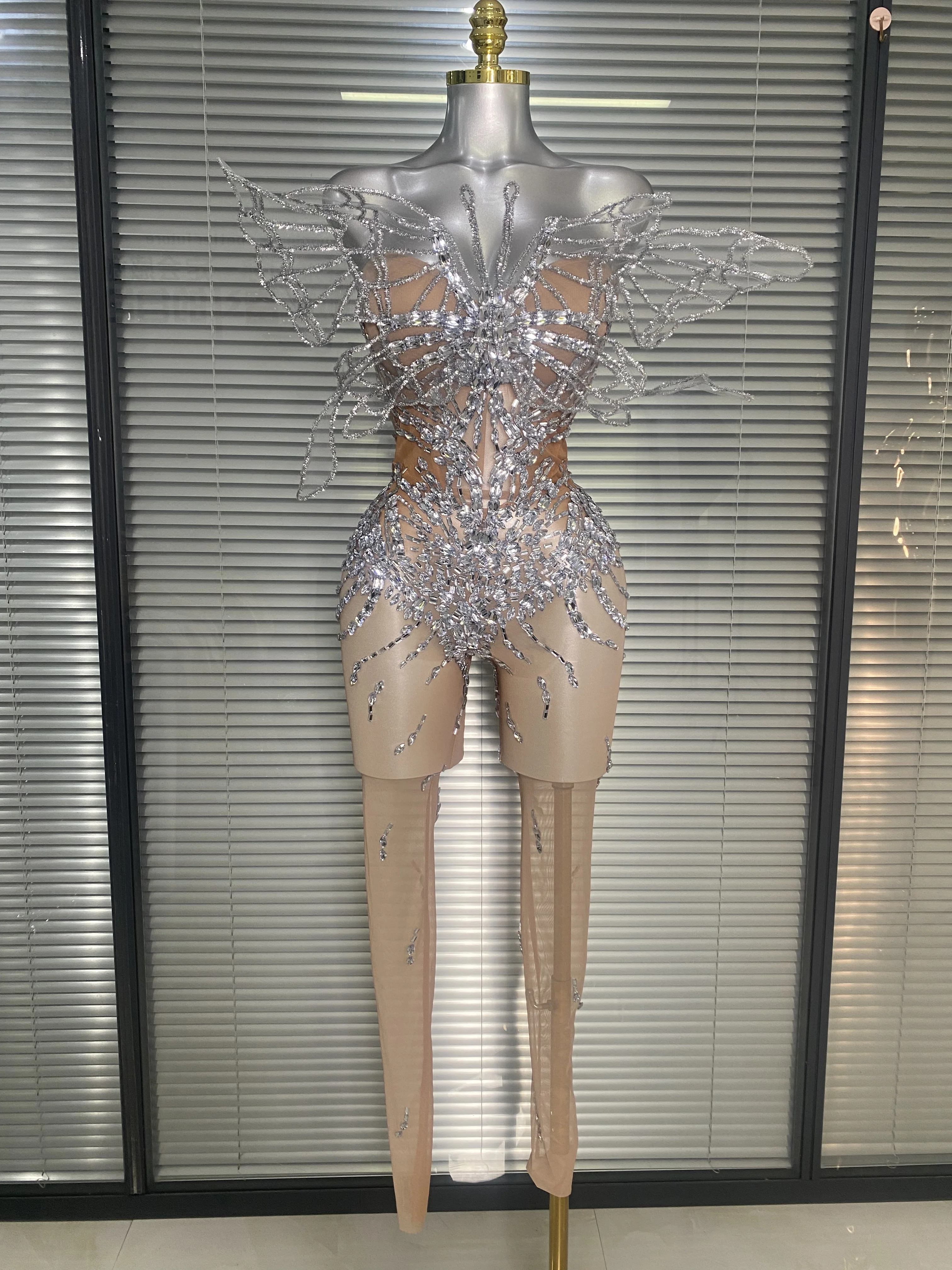 

Women Sexy Sparkly Crystals 3D Butterfly Strapless Tight Long Sleeveless Jumpsuit Birthday Party Nightclub Performance Costume