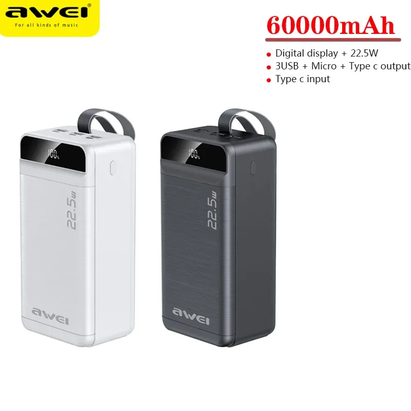 

Awei P144K Powerful Outdoor Power Bank 60000mAh For Mobile Phone Portable Powerbank PD 22.5W Fast Charge External Spare Battery