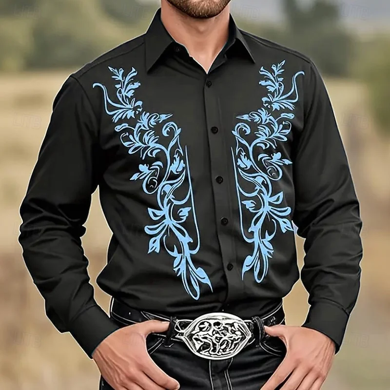 Nueva camisa de estilo étnico con estampado de arte floral para hombre, camisa de vaquero occidental, camisa de manga larga con cuello de playa de estilo clásico, envío rápido