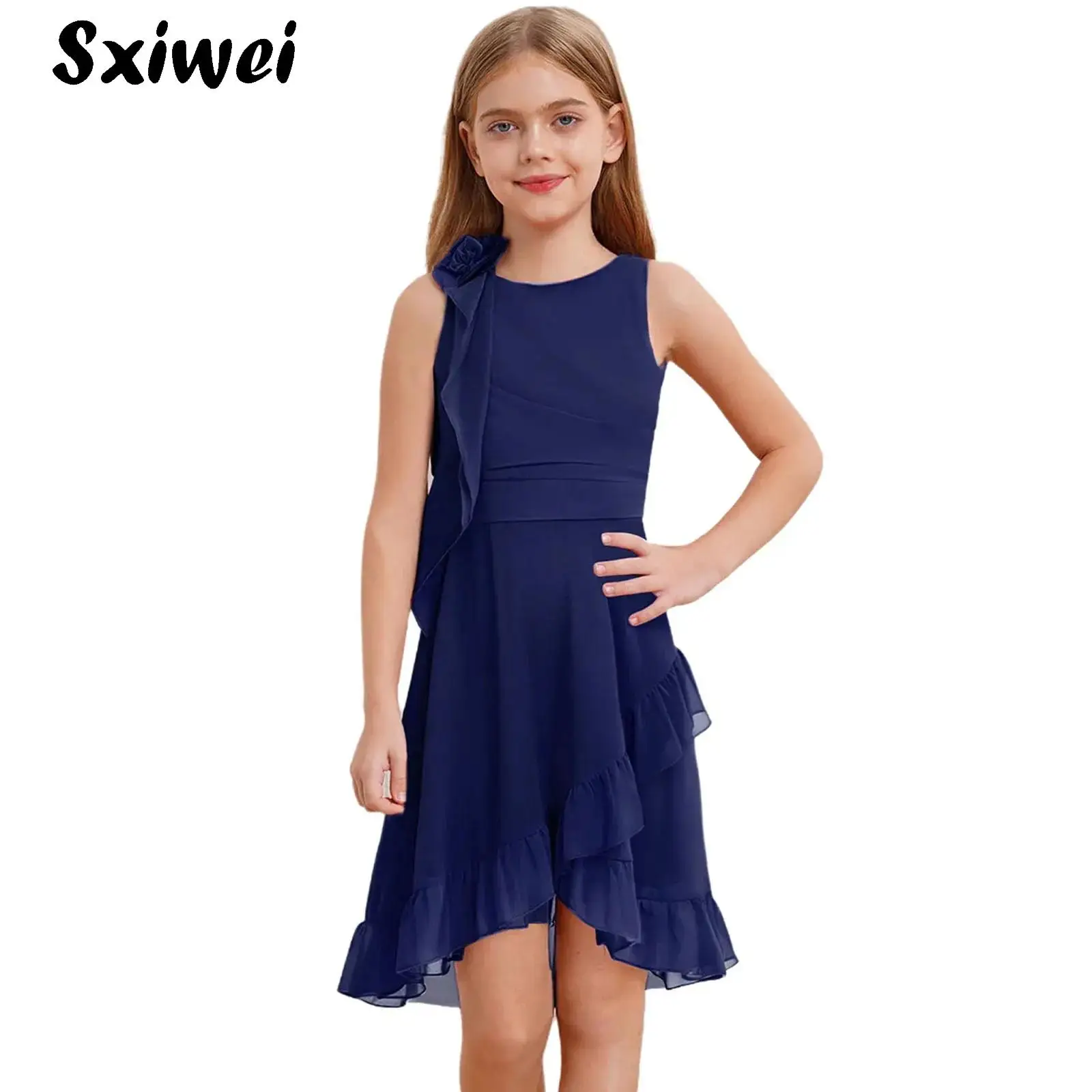 

Fancy Chiffon Flower Girl Dresses Sleeveless Flower Decorated Ruched Junior Bridesmaid Dress for Wedding Birthday Pageant