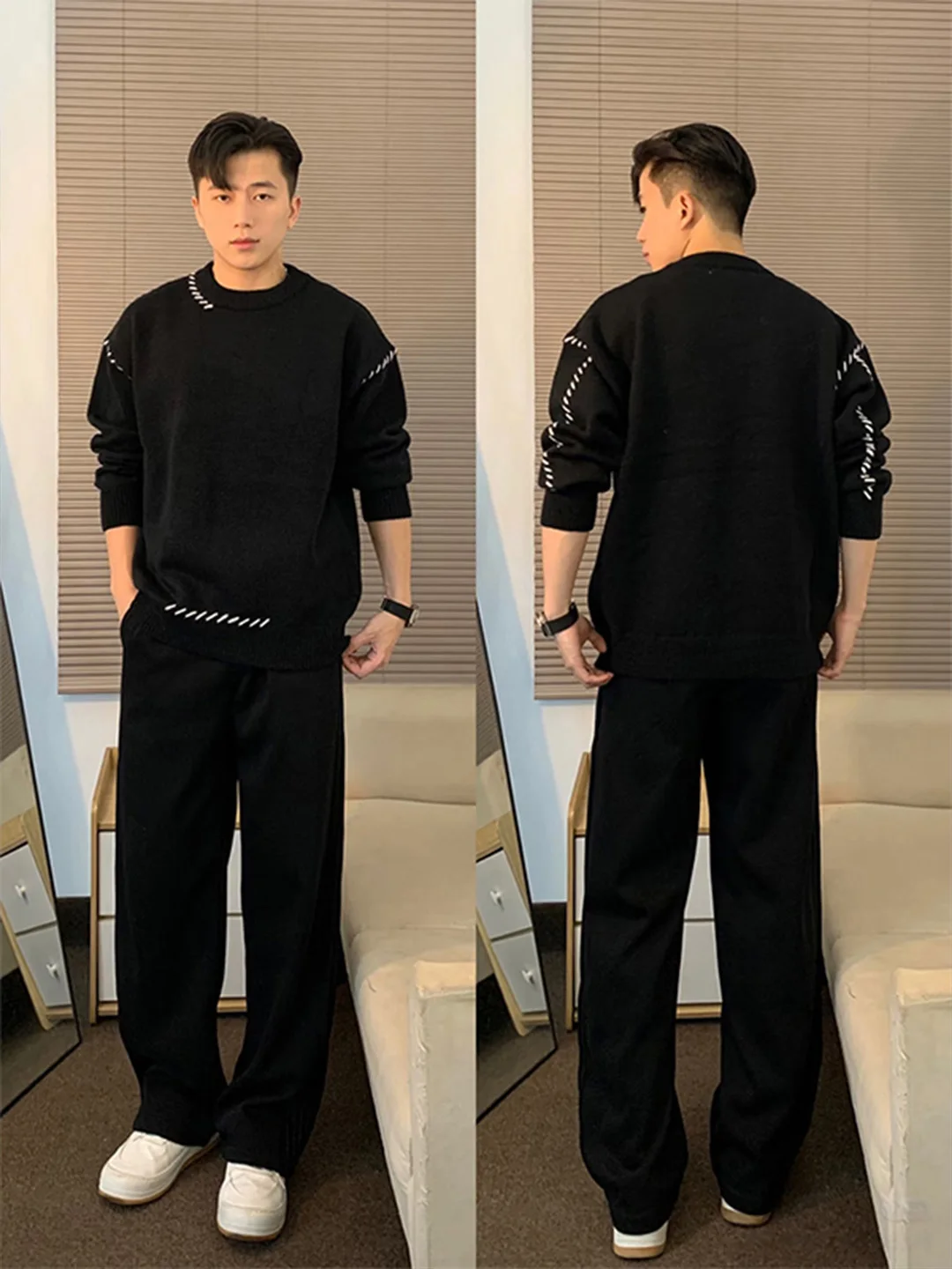 

Мужской вязаный свитер премиум-класса с круглым вырезом и вставками, корейский стиль, осенне-зимняя верхняя одежда/кофта