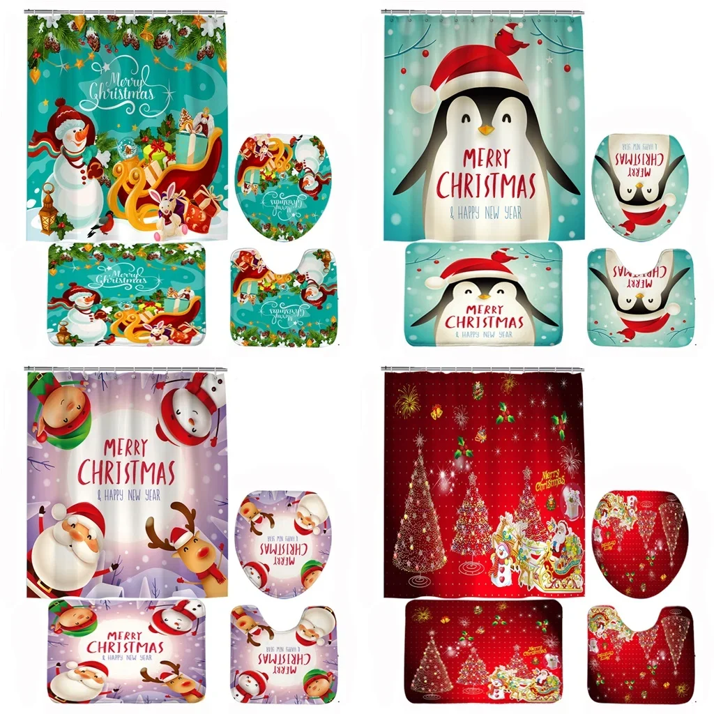 

Christmas Penguin Festival Shower Curtain Set Non-Slip Bath Mat Toilet Rug Funny Santa Winter Snowman Xmas Tree Bathroom Curtain