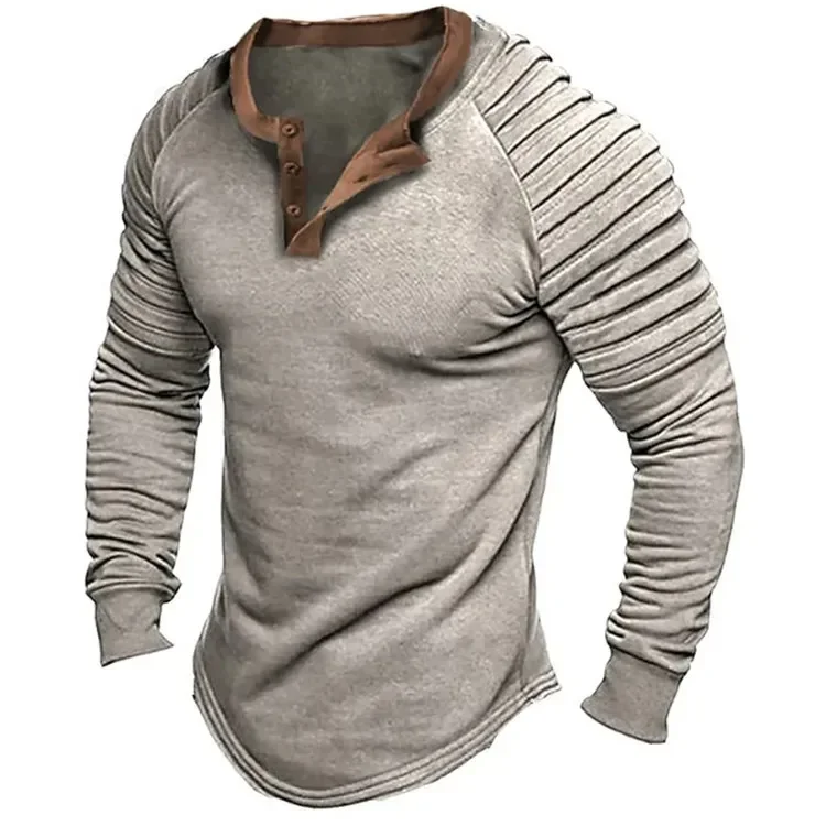 

European and American Men's Hunley Solid Color Pullover Loose Casual Stand Collar Contrast Color Pleated Long-sleeved Shirt