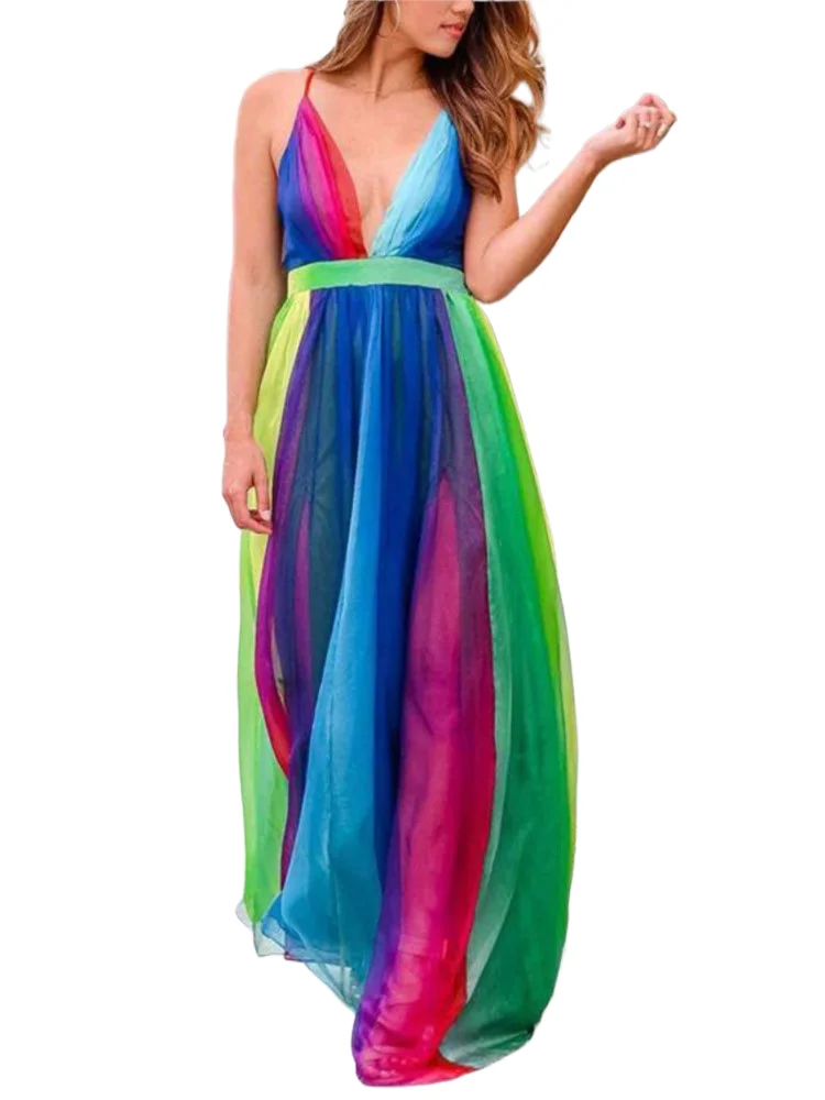 

Chiffon Spaghetti Strap Dresses Women Sexy Deep V-neck Backless Long Dress Fashion Elegant Ladies Evening Party Vestidos