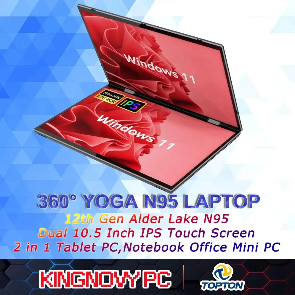 

Портативные мониторы с двумя экранами Dual Touch 10,4 дюйма 1080 FHD IPS Win/Linux Intel Alder Lake N95 360° ° Мини-ПК ноутбука с вращающимся экраном