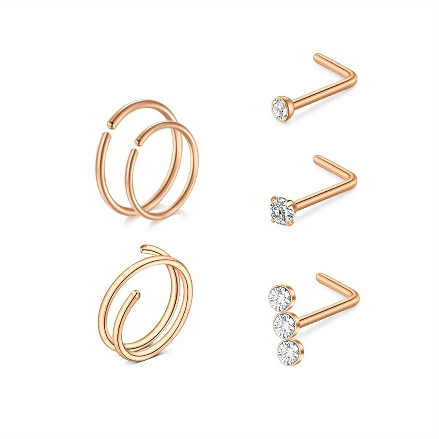 6Pcs Elegant Cute Body Piercing Screws 20G Stainless Steel Nose Rings Set Double Hoops L-Shape CZ Nose Screws Jewelry for Daily image 6