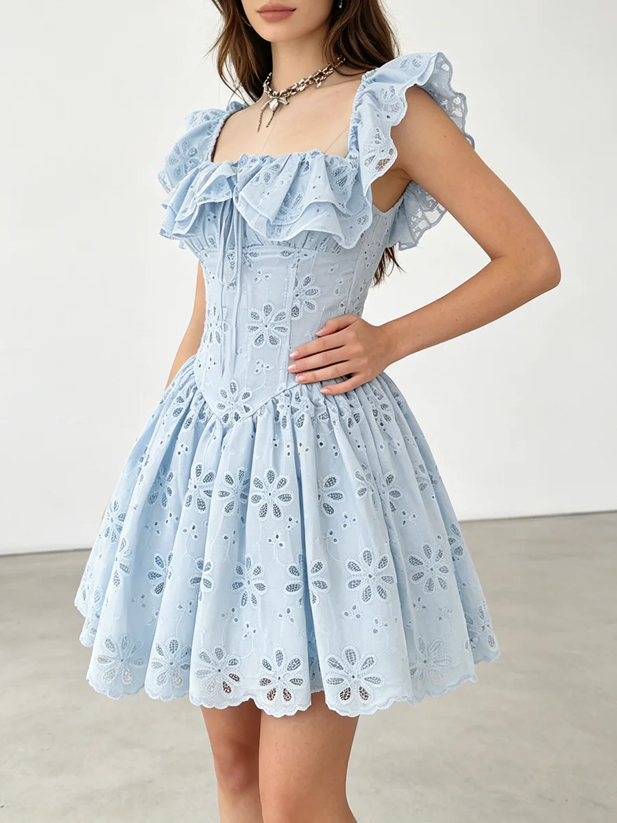 TWOTWINSTYLE Embroidery Solid Sweet Dresses for Women Square Flying Sleeve High Waist Slimming A Line Mini Dress Female Fashion - view 2