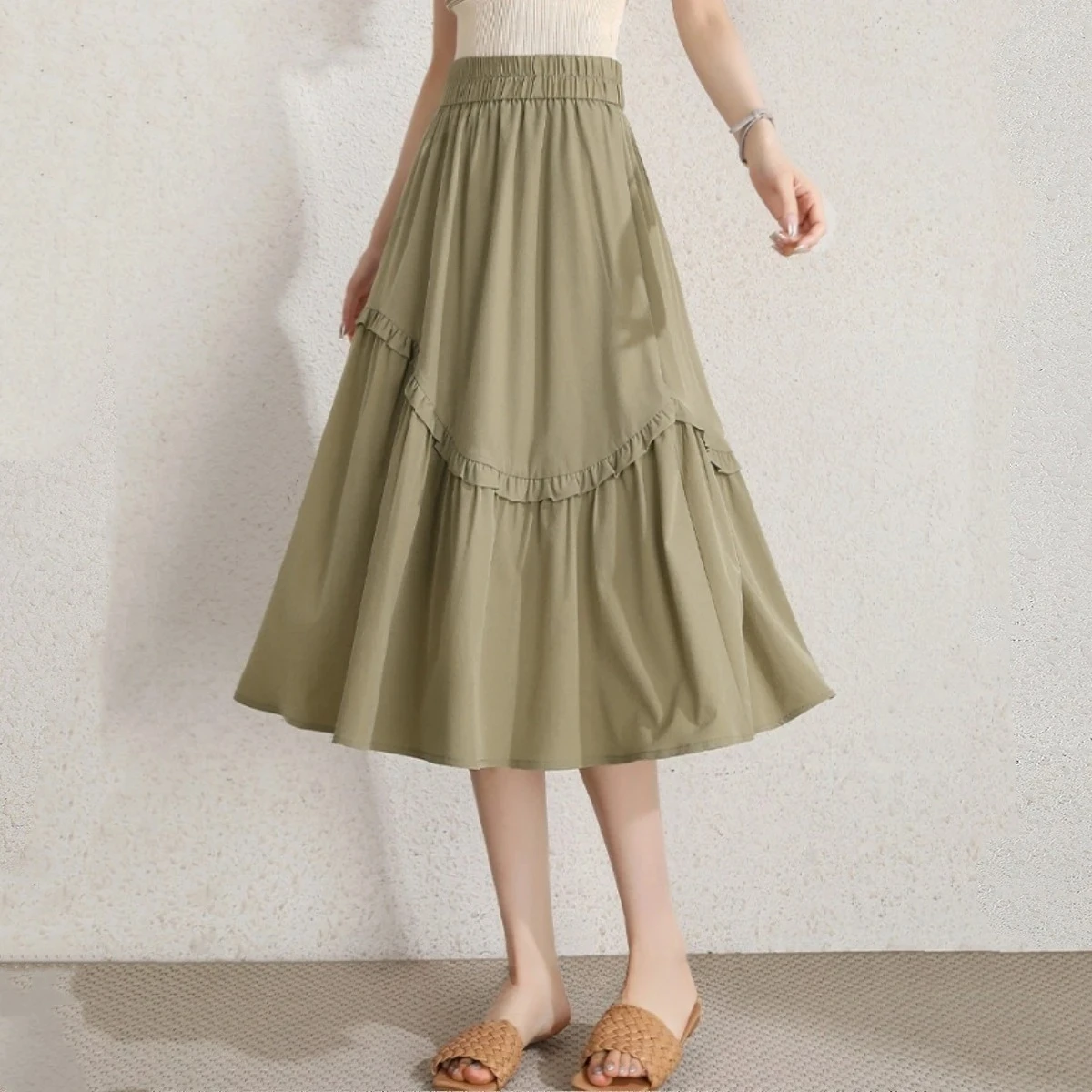 LOUIS YAO nouvelle dentelle décoration a-ligne jupe longue 2025 printemps été taille haute conception élastique femmes demi jupe Chic rue