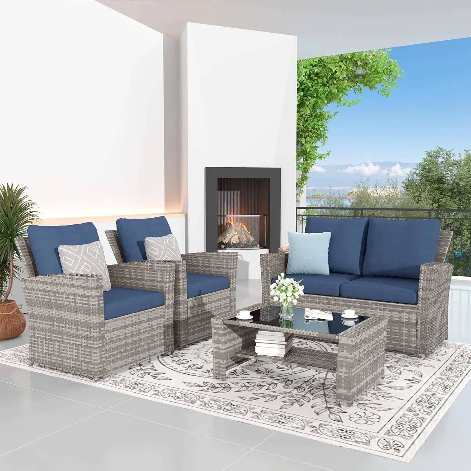 UDPATIO Patio Sofa Set of 4, Patio Furniture Set with Glass Top Table, Grey Rattan Sofa Chair with Navy Cushions Sectional Sofa