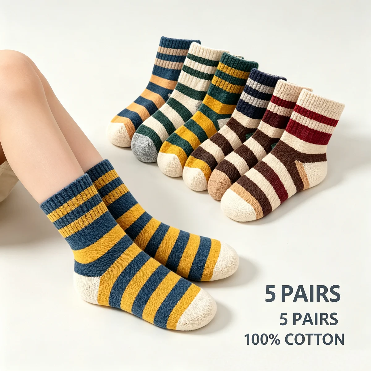 5 Pairs Children's Cotton Socks Striped Pure Cotton for Boys And Girls Ages 3-12 Autumn Winter Spring Kids Socks
