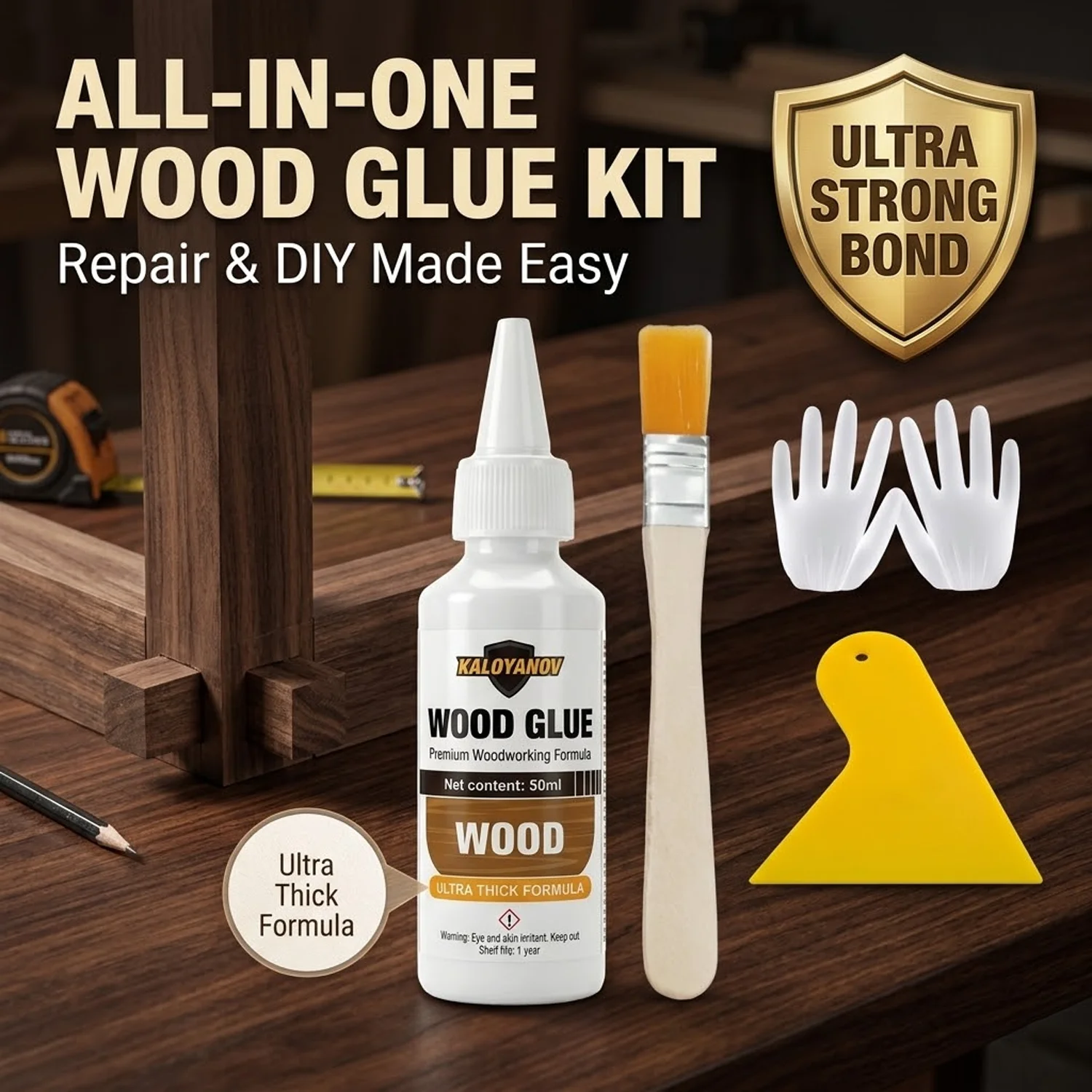 

Professional 50ml Wood Glue Kit Ultra Thick Woodworking Adhesive Precision Tip Detail Brush Scraper and Gloves for Wood Repairs