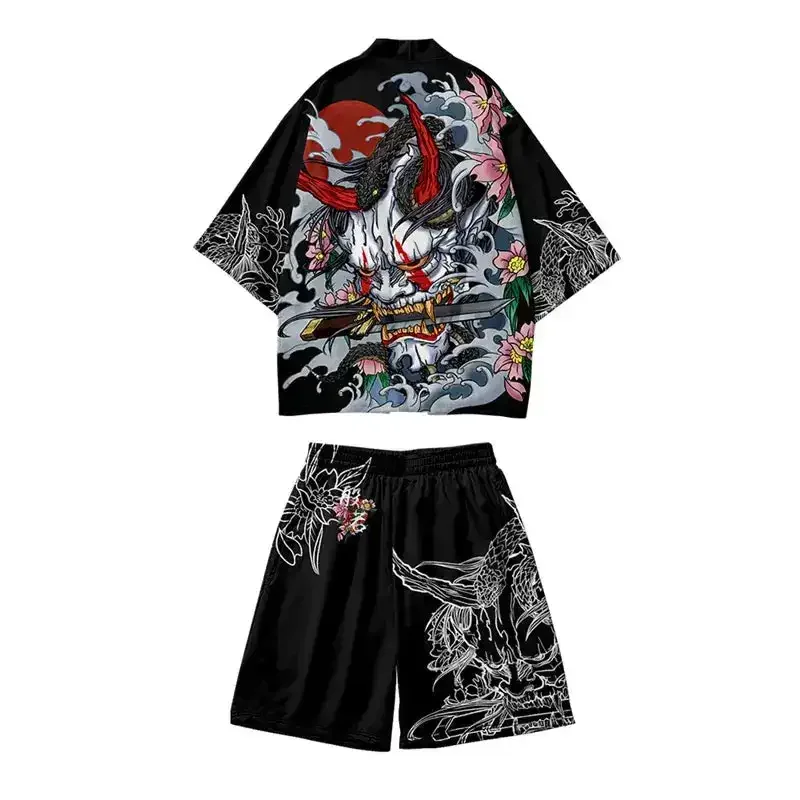 Hannya Demon Haori Shorts Set Ethnic Style Flower Series Kimono Cloak Loose Seven-Sleeve Cardigan 3D Digital Printed Shirt