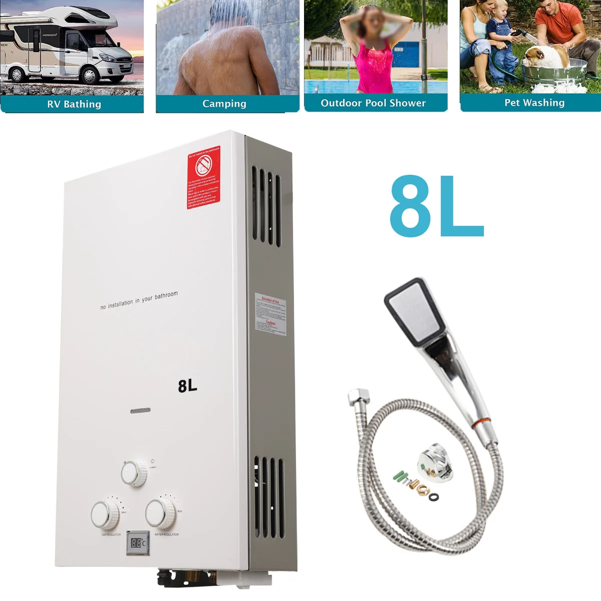 8L/min LPG Propane Gas Water Heater 16KW Tankless Instant Hot Water Heater Boiler With Shower Head Kit For Outdoor Camping