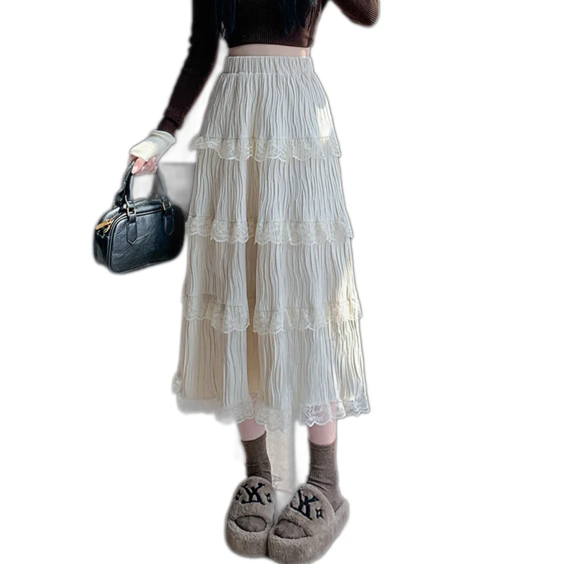 

2024 New Autumn Winter Women High Waist Slim Long Skirt High Quality Sweet Multi-layer Lace Patchwork Cake Hem Velvet Skirt