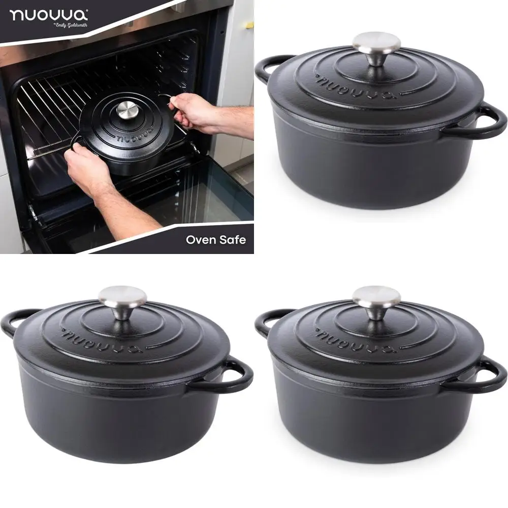 

Чугунная жаровня с крышкой – Эмалированная кастрюля-жаровня с антипригарным покрытием, пригодная для использования в духовке – Прочная жаровня для приготовления пищи – Черная, 3,1 л, 22 см