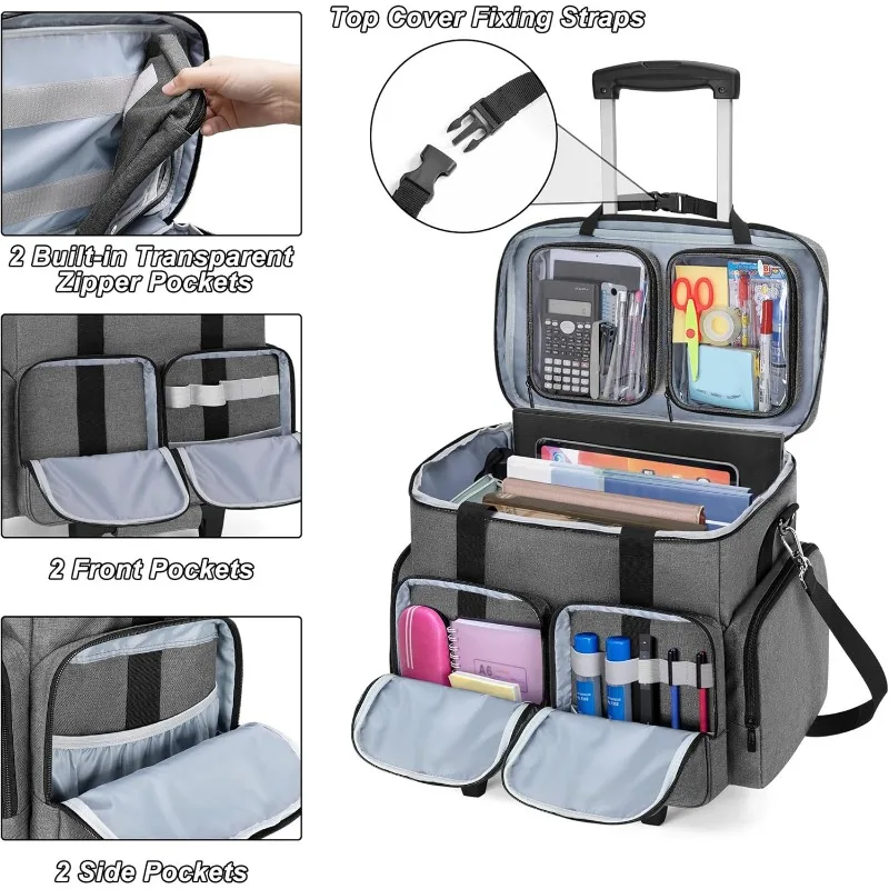Laptop de até 15,6 polegadas, bolsa de professor com rodas para ensino, escritório, artesanato, sacola de professor com rolamento cinza