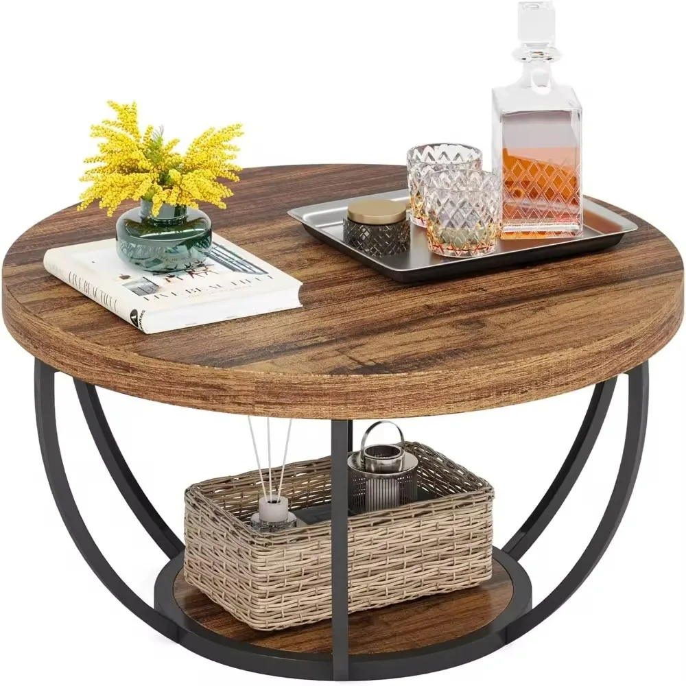 Industrial 2-Tier Circle Coffee Table with Storage Shelves, Modern 31.7\