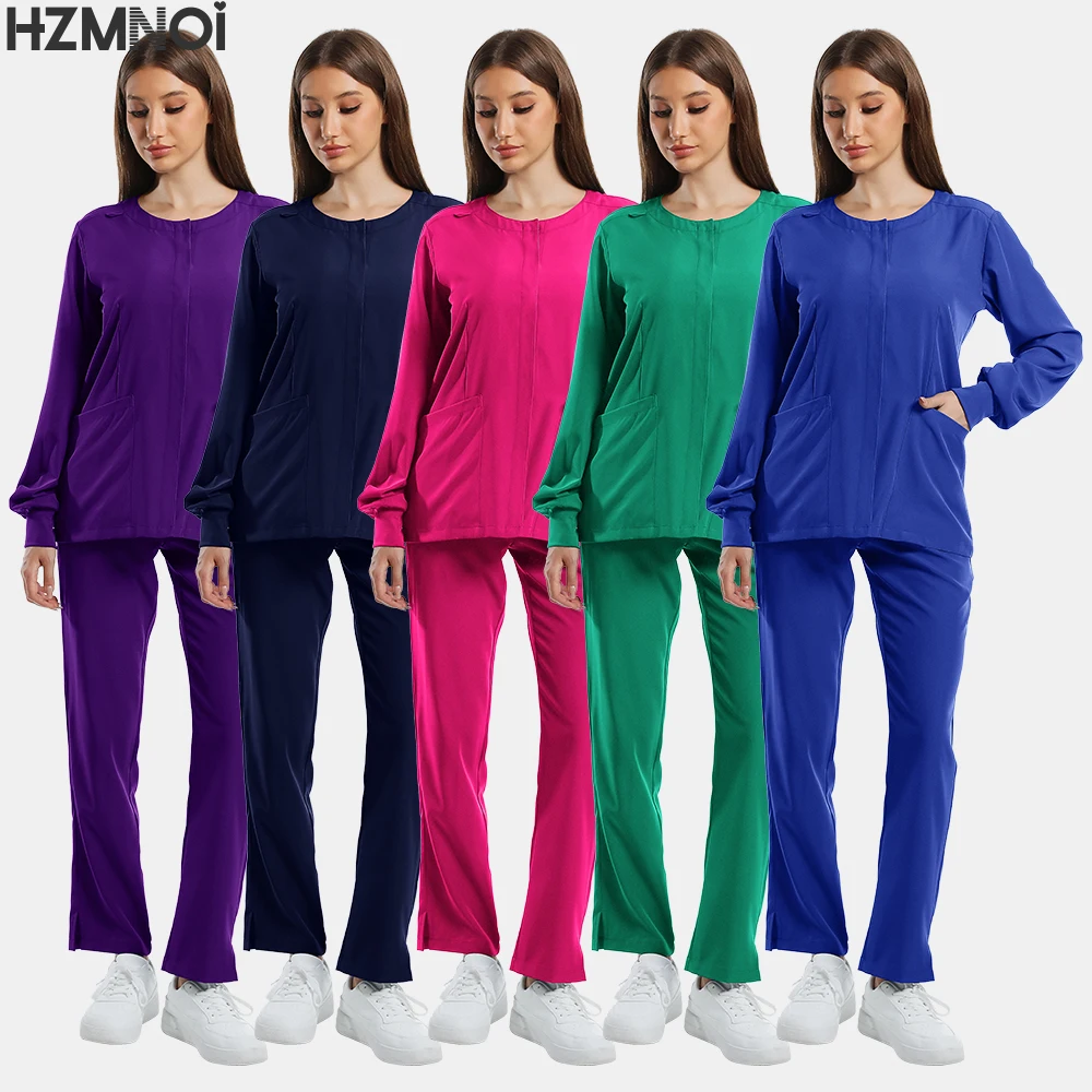 

Solid Color Elastic Fabric Long Sleeved Scrubs Tops Scrub Pants Jogger Dental Pharmacy Laboratory Operating Room Work Uniform