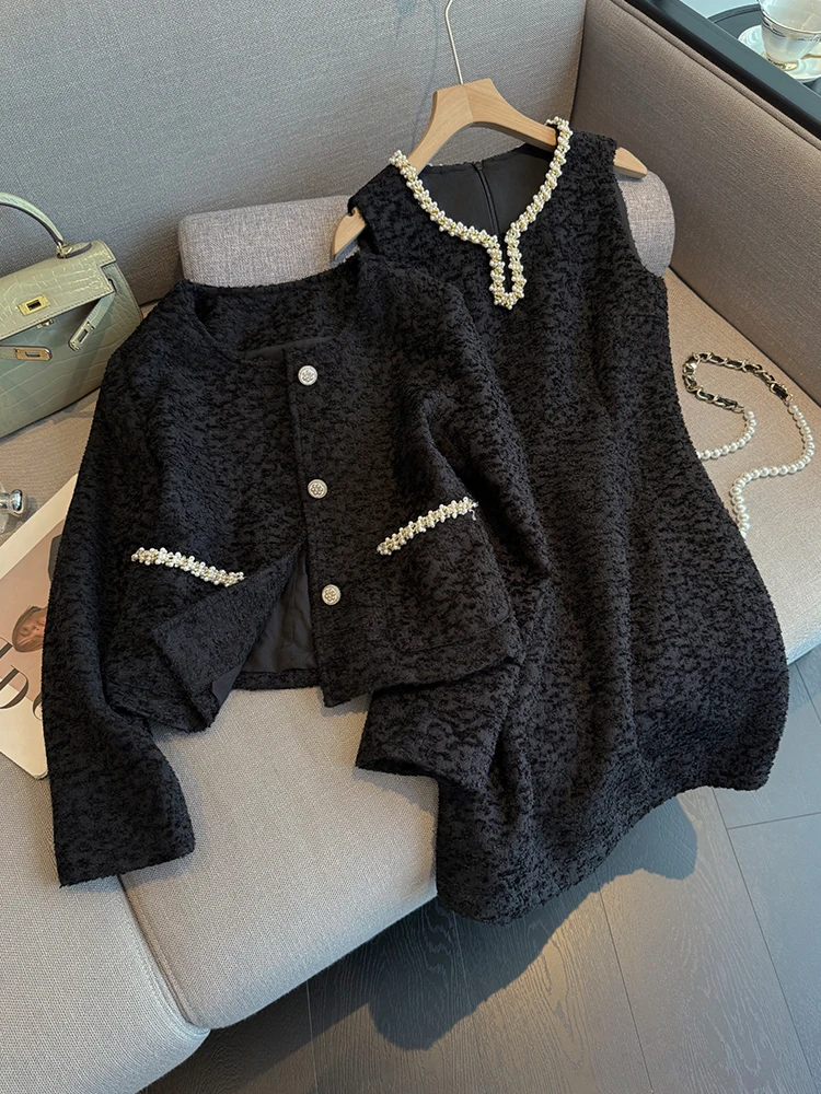 

Elegant Fashion Women's Two-Piece Set Black Fragrance Style Cardigan Vest Dress Autumn High-End Lightweight Skirt