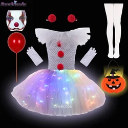 Gray Joker Girls LED Glowing Dress Bag Creepy Clown Kids Carnival Party Cosplay Clothing Children Tulle Fancy Halloween Costume