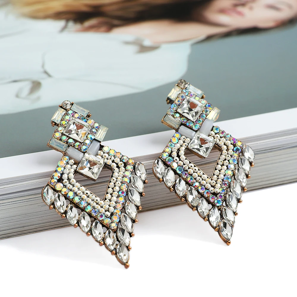 Charm Gothic Jewelry Beads Stud Earrings For Women Popular Bling Rhinestone Rhombus Unique Pendientes Vintage Emo Accessories