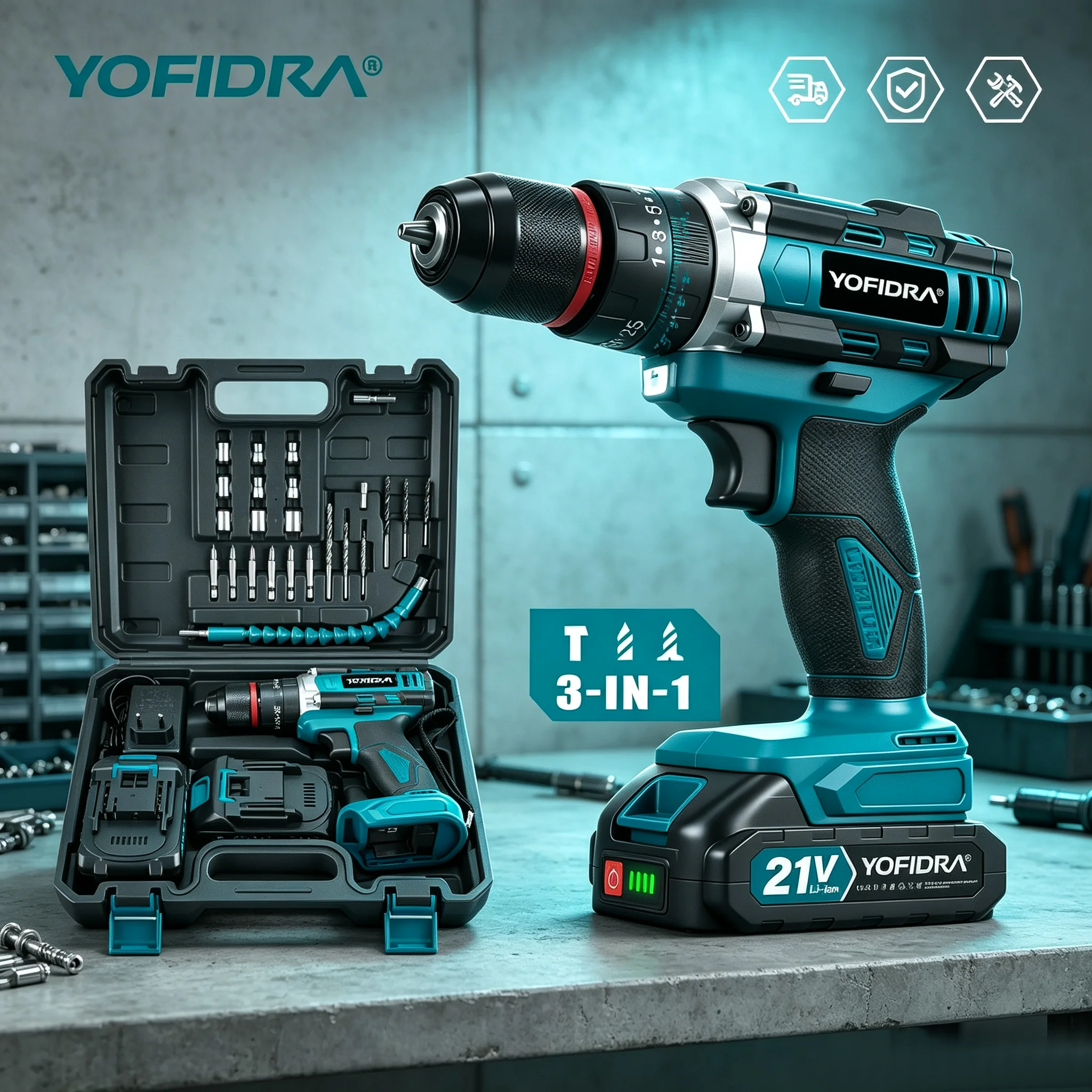 YOFIDRA 3-IN-1 25+3 Drehmoment-Elektro-Schlagbohrmaschine Kabellose Schlagbohrmaschine Haushalts-Holzbearbeitungs-Elektrowerkzeug für Makita 18-21V Akku
