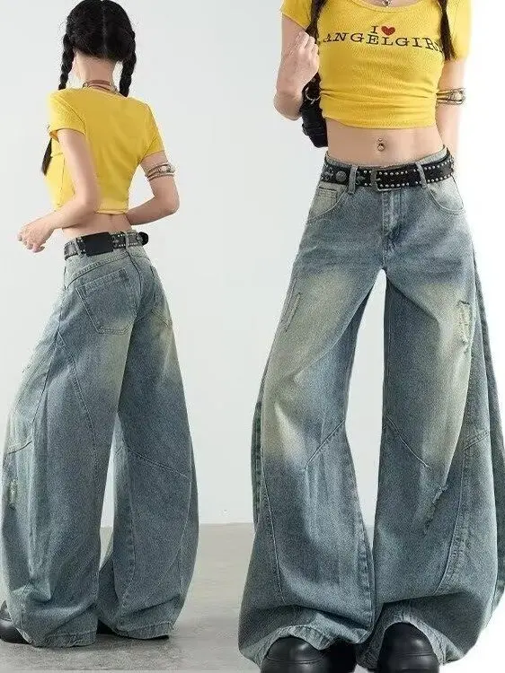 Retro American Wide Leg Knife  Denim Jeans Women's New 2026 Fall Large Size Versatile Scythe Banana Pants Natural Waist