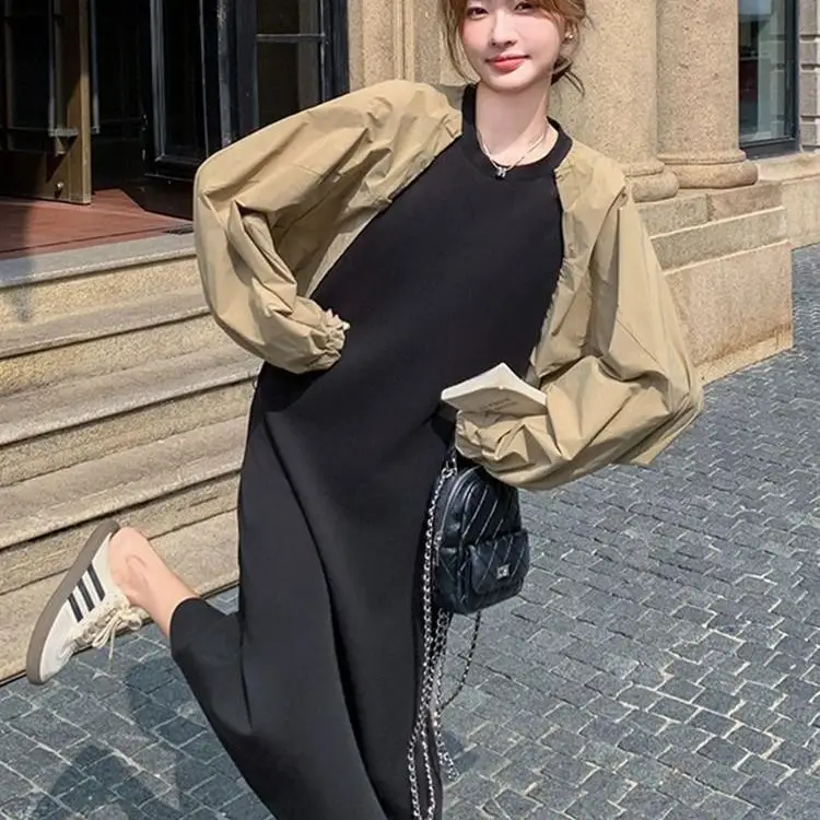 

plus Size Casual Women's Dr Splice Fake Two-Piece Skirt Spring Autumn Loose Comfortable Sweatirt Sle A-Line Midi Dr