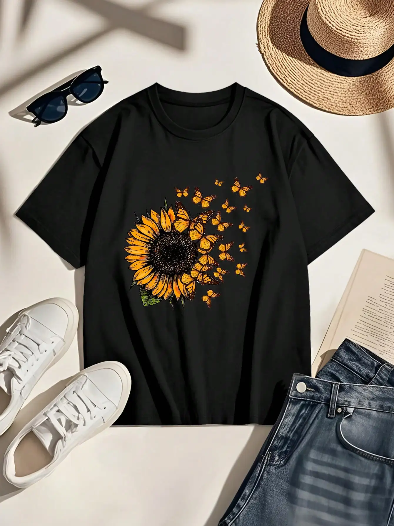 

Женская одежда больших размеров, повседневный топ в свежем и художественном стиле с принтом подсолнечника и бабочки