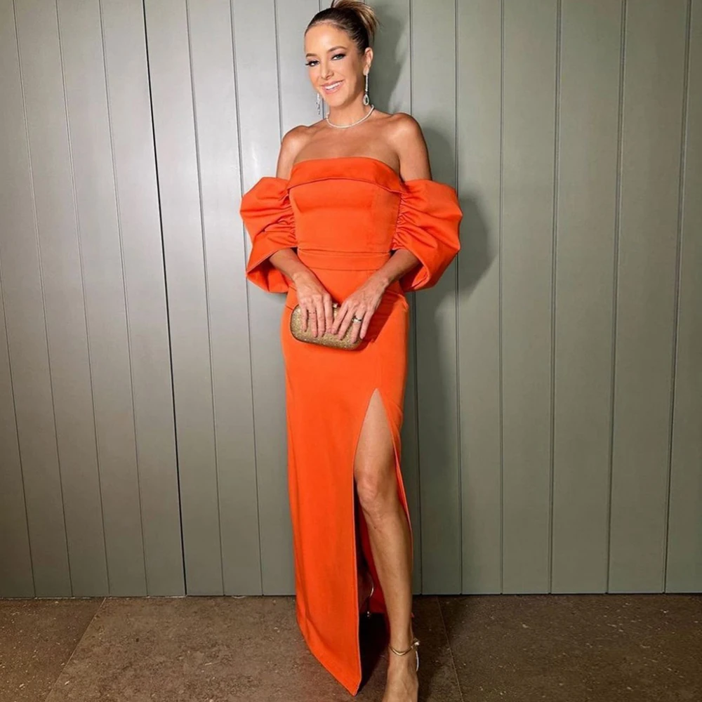 

Off Shoulder Short Sleeve Matte Satin Straight Floor Length Evening Dresses With Slit Sexy Orange Prom Dress Elegant Gowns