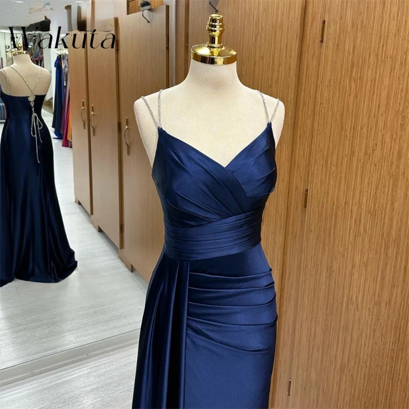 Wakuta Solid V-neck Sleeveless Evening Vestidos Long Pleated Chiffon Gowns with A Slim Fit Sparkling Dance Robe Elegante Mujer