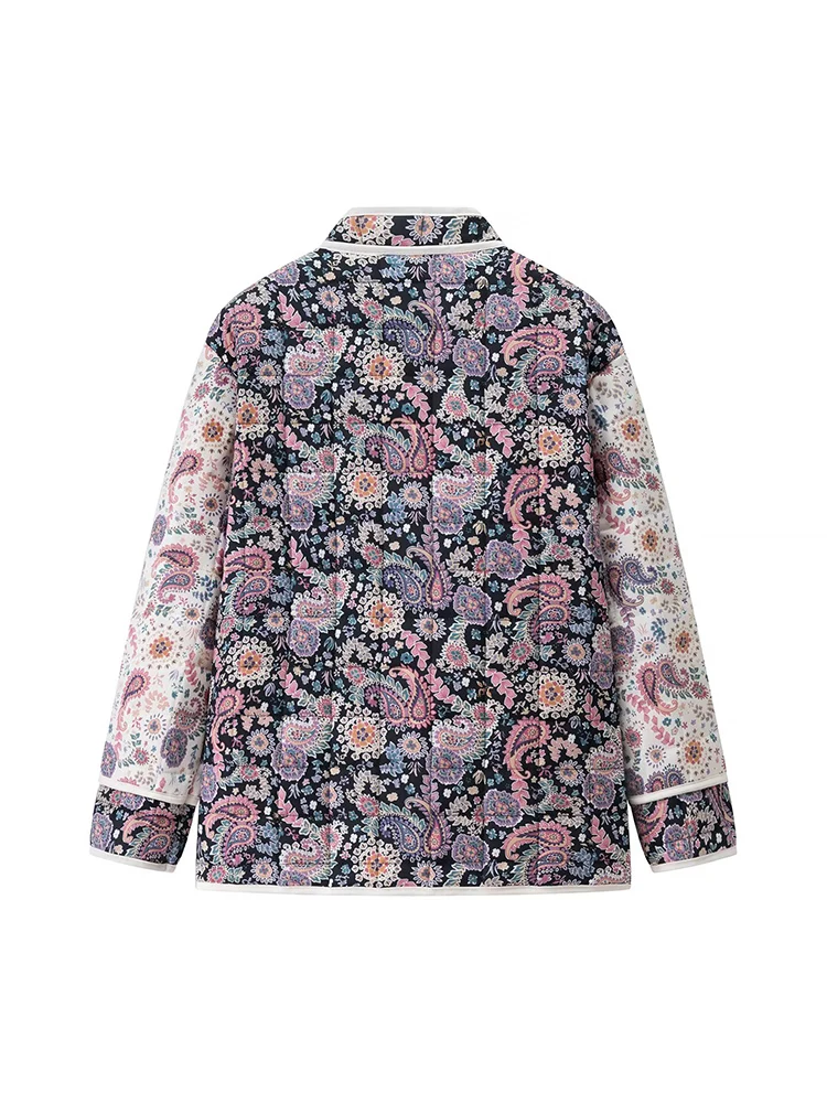 معطف نسائي جديد على الطراز الأوروبي متعدد الاستخدامات ومزاج نحيف مطبوع عليه زهور وأكمام طويلة وياقة واقفة معطف قطني مبطن