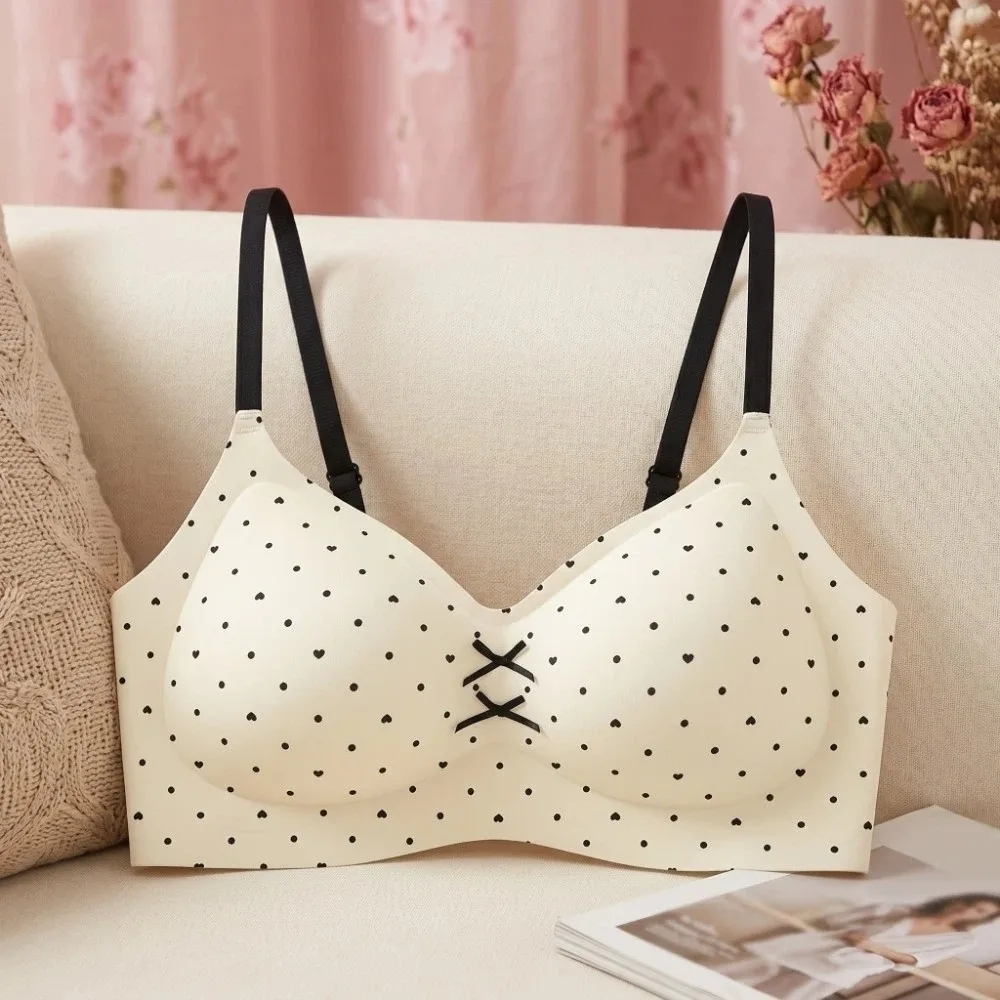 Traceless Dots Wireless V Bra Shockproof Gathered Breasts Seamless Floral Print Bra Lingerie Anti-sagging Brassiere for Women