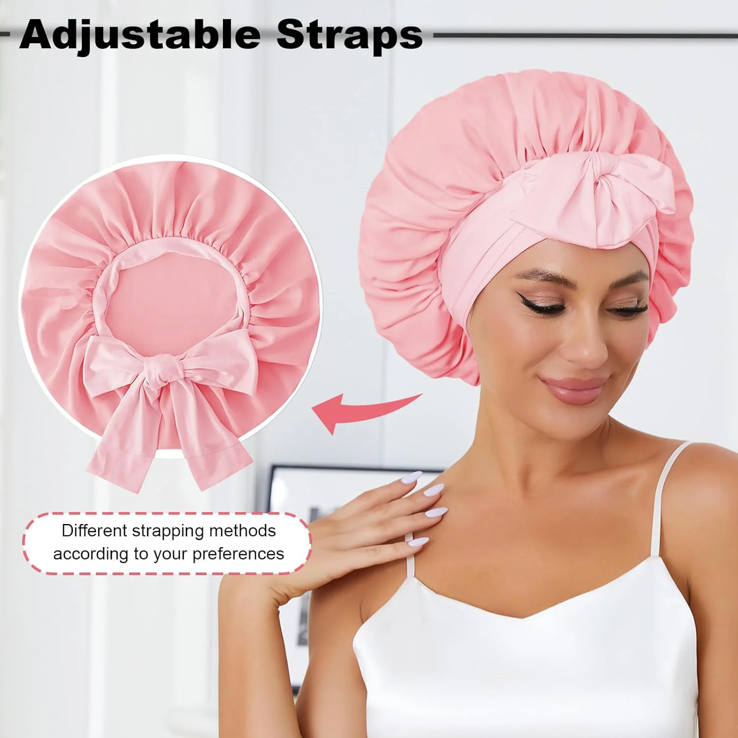Schlafhaube für Damen, geeignet für lockiges Haar, verstellbare Satin-Schlafmütze mit Augenmaske und Haargummi, elastisch, schont das Haar, Haarpflege-Nachtmütze. – Detail 6
