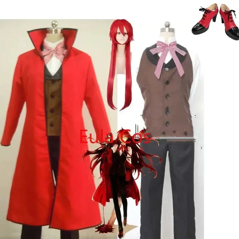 أنيمي الأسود بتلر الموت شينيغامي جريل ساتكليف تأثيري الزي الأحمر الزي Kuroshitsuji Grell Sutcliff أحذية حمراء طويلة الشعر