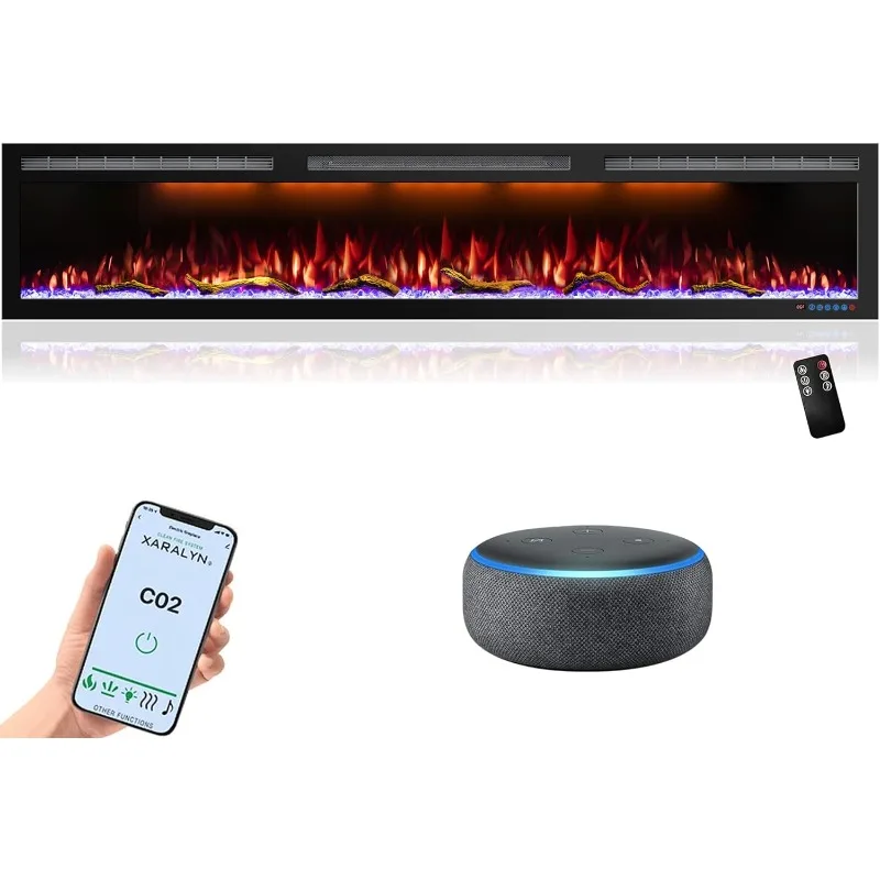 88 Inch WiFi-Enabled Electric Fireplace Inserts & Wall Mounted, Slim Electric Fireplace Heater, 750/1500w, Adjustable FlameColor