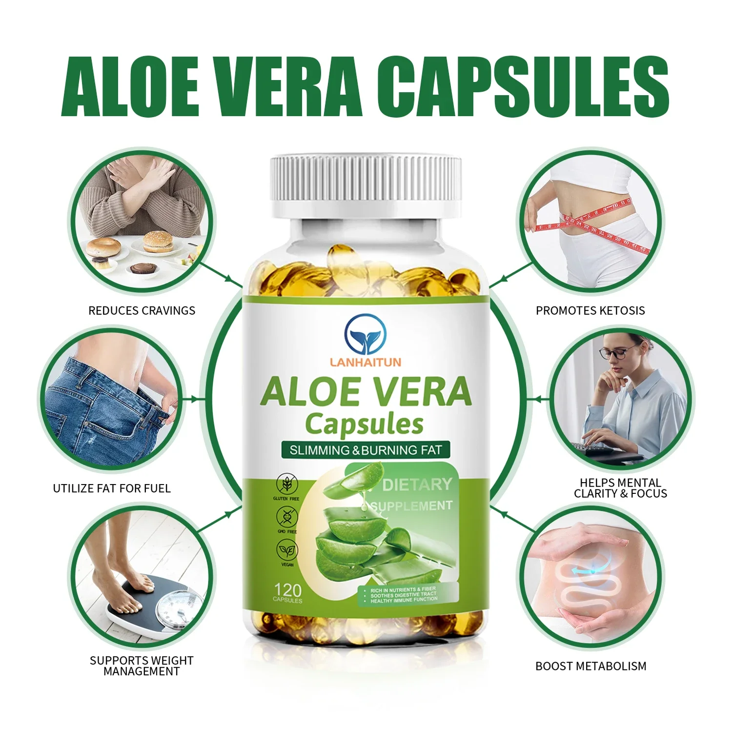 LANHAITUN-Cápsulas de Aloe Vera, Suplemento Dietético, Digestão, Suporte de Saúde, Cápsulas Extrato Multivitabag, 60Pcs