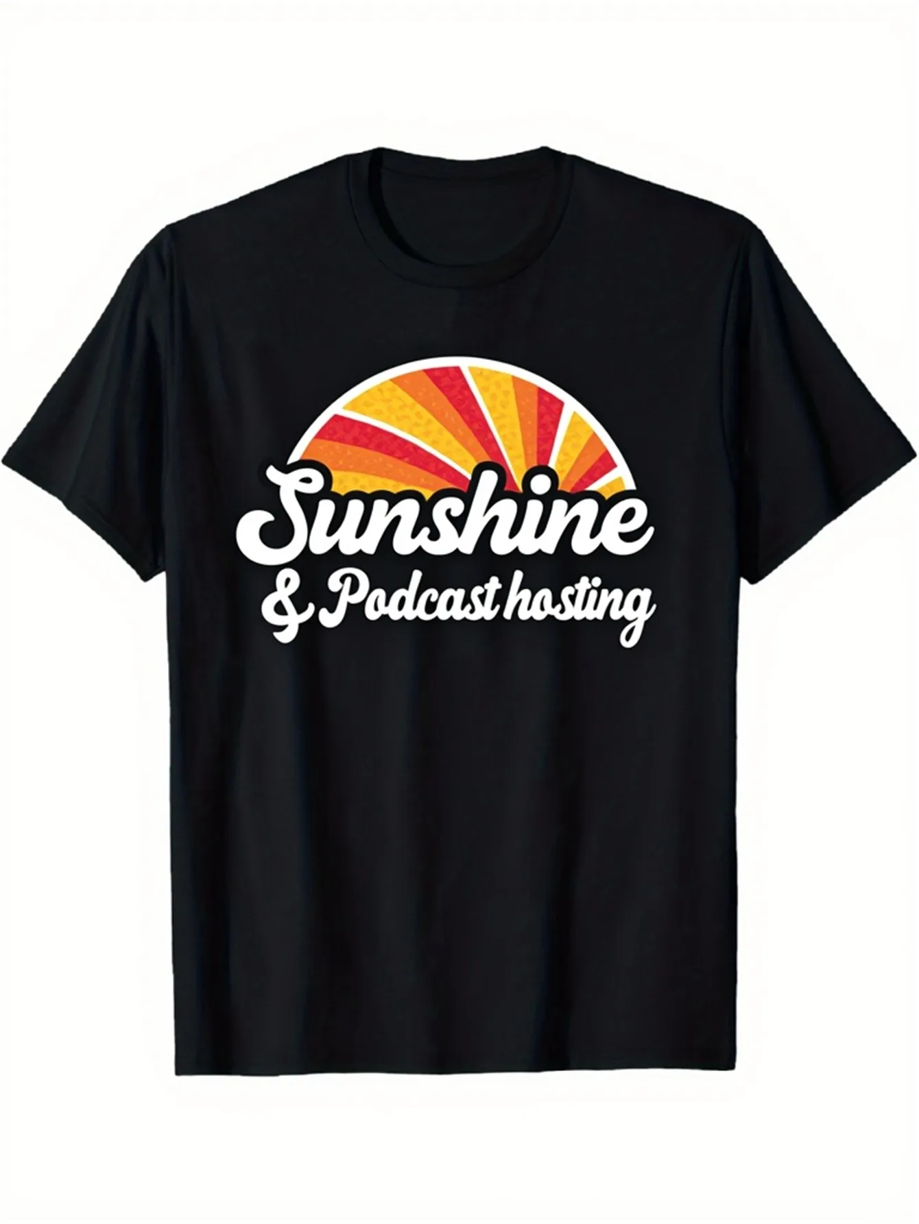 Trendy Men's Black Graphic T-Shirt Sunshine Podcast Hosting Retro Sunburst Bold Letter Print Radio Talk Show Theme 100% Cotton Heavyweight Short Sleeve Casual Streetwear Tee