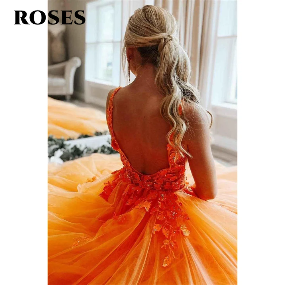 ROSES Orange A Line Chic Woman Evening Dress Gown V Neck Appliques Ball Gown Tank Backless Night Dresses Gown robes de soirée