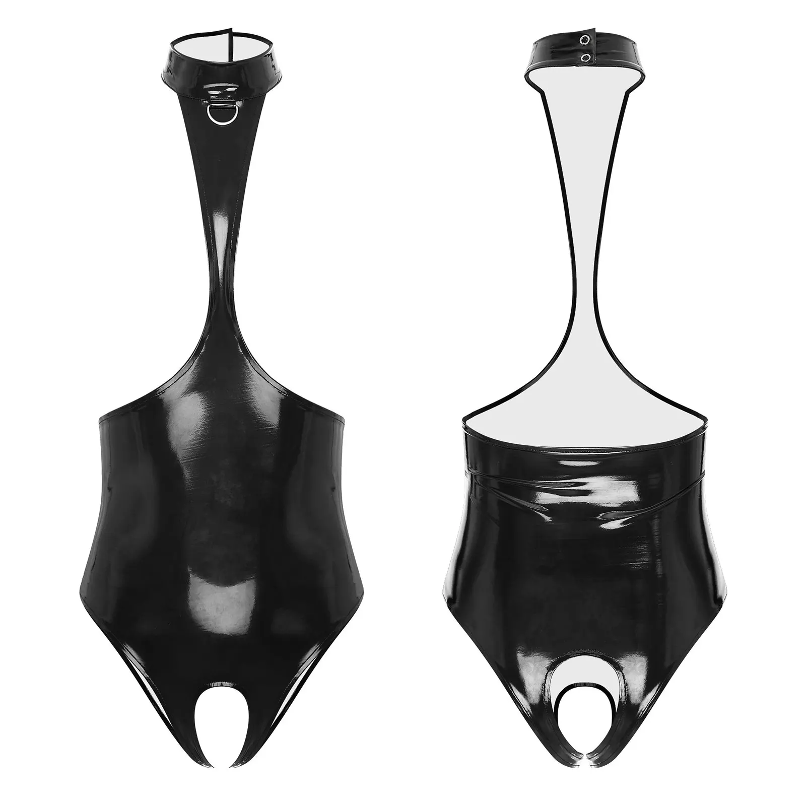 

Womens Lingerie Wet Look Patent Leather Leotard One-piece Open Chest Halter Bodysuit Sexy Sleeveless Backless Crotchless Catsuit