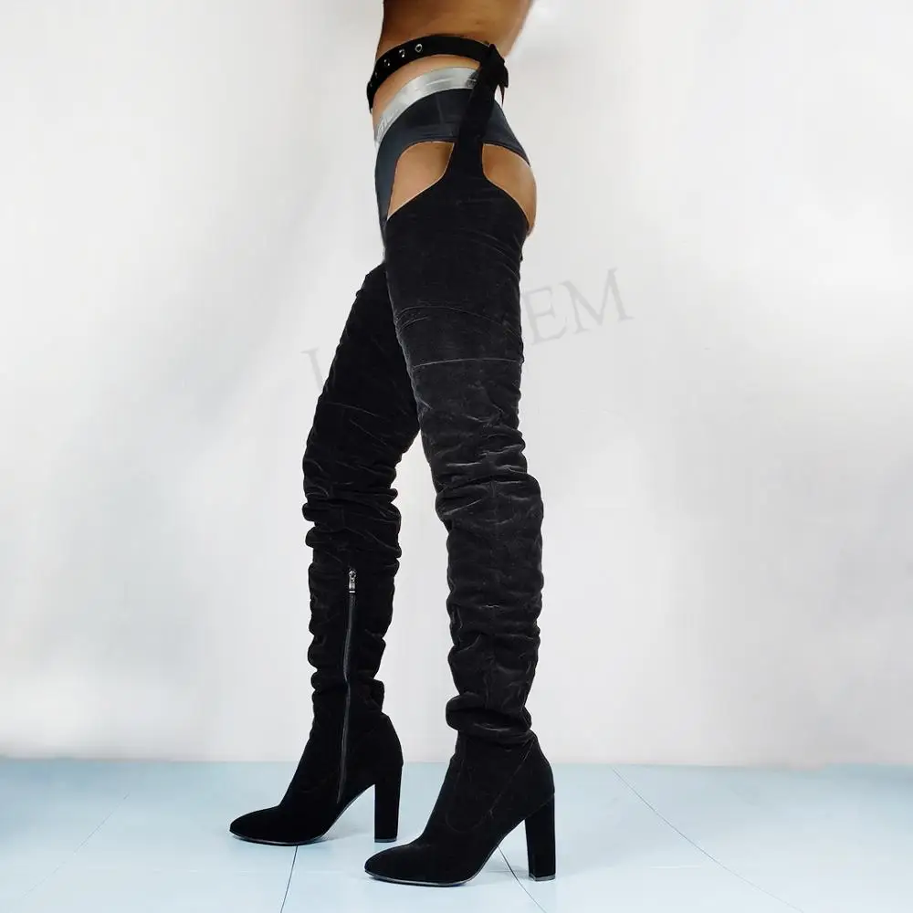 ZHIMA Women Over Knee Boots Faux Suede Chunky Fashion Thigh High Boots Waist Belt Strap Zip Boots Size 34 41 45 47