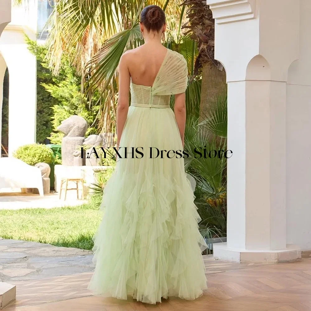LAYXHS Modisches One-Shoulder-Abendkleid, Tüll, A-Linie, Perlenschärpen, Rüschen, Heimkehrkleid, maßgeschneidert