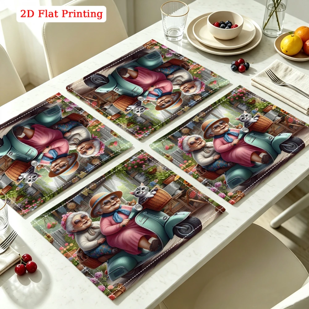 2Pcs Vintage Multicolor Elderly Couple Riding Scooter Pattern Placemat for Kitchen Dining Home Decor 30X40Cm