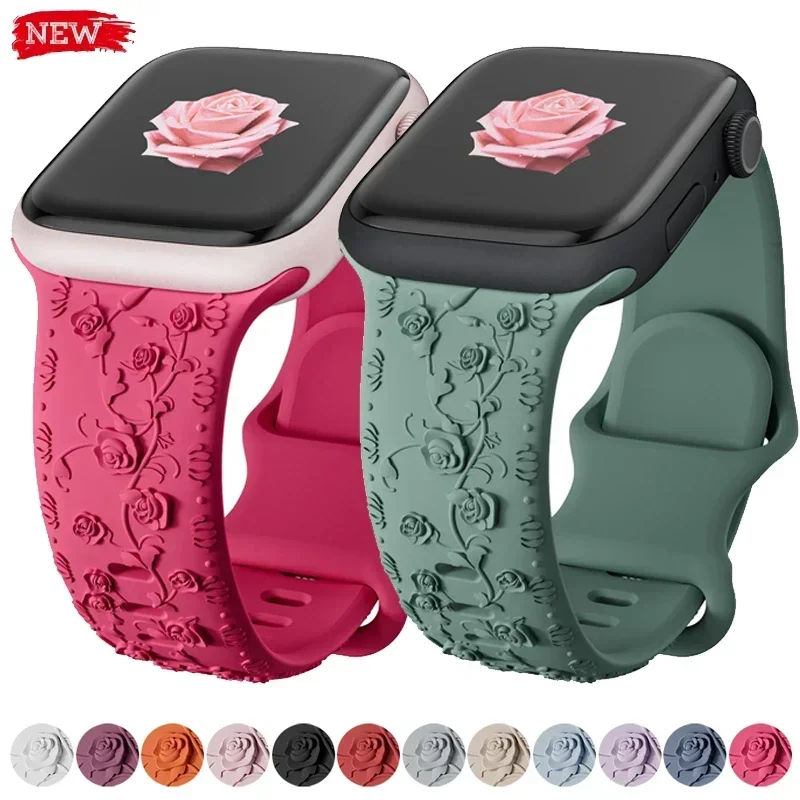 Floral Engraved Band for Apple Watch 46mm 42mm 49mm 44 45mm 41mm Silicone Strap For Iwatch Ultra 2 Series 10 9 8 7 6 SE Correas