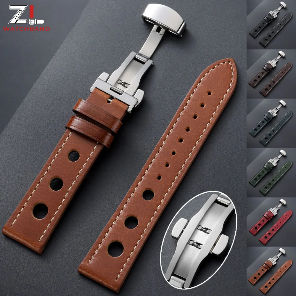 20mm 22mm Oil Waxed Leather Watch Band for Omega for Seiko Breathable Hole Strap Butterfly Buckle Sport Stitching Watch Bracelet