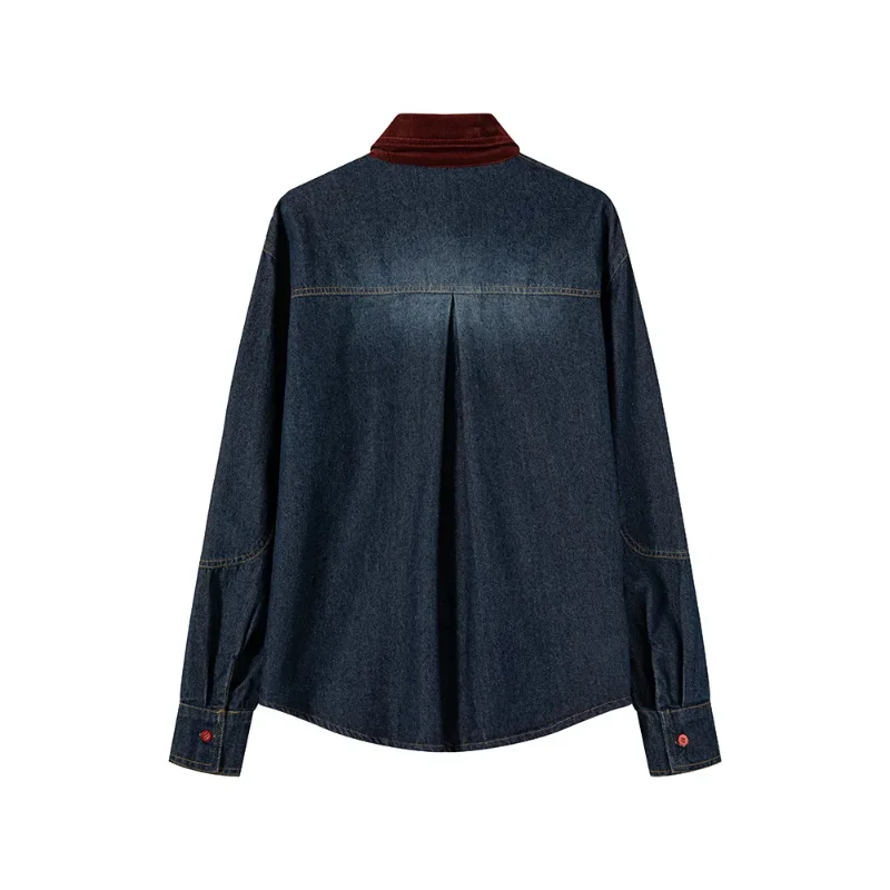 Women's Dark Blue Denim Shirt Fleece Lined Thickened Contrast Collar Long Sleeve Casual Warm Blouse